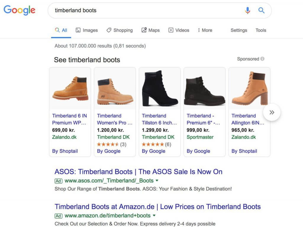 Product Placement Ads and Text Ads on Google's SERP.