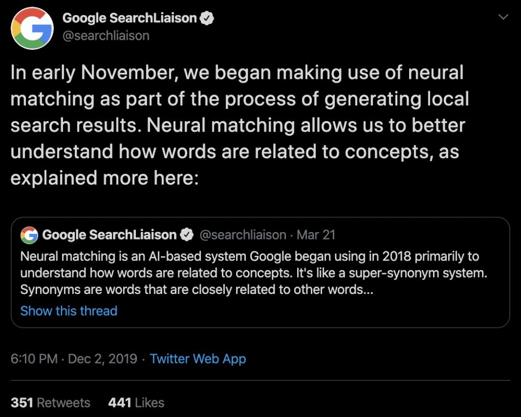 Google Search Liaison Tweet Neural Matching