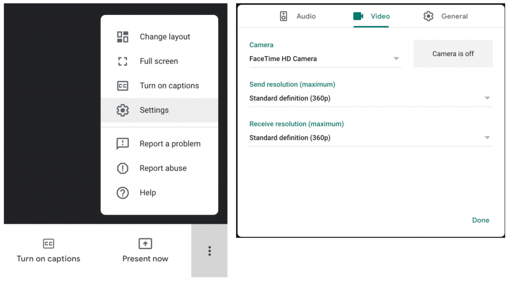 Change camera resolution on Google Meet